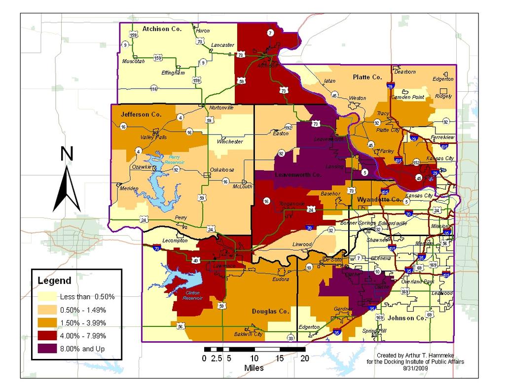 Map 2 shows how each zip code in the basin compares to all other zip codes in terms of the percent of total available labor in the Leavenworth County Labor Basin.