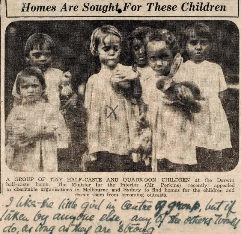 SOURCE 7.2 In 1934 the Minister for the Interior appealed for homes, with white families, for half-caste and quadroon children. A member of the public wrote asking for the child marked with the cross.