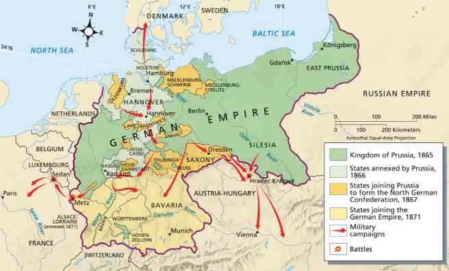 Unification of Germany, 1865 1871 Interpreting Maps As a result of Germany s three wars against Denmark, Austria, and France, Bismarck completed the unification of Germany in 1871.