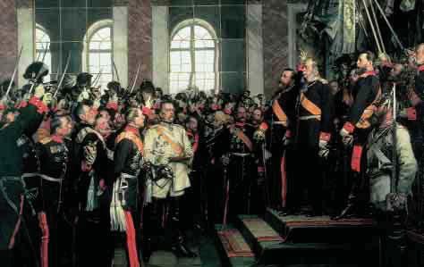 A new German empire In this painting, Bismarck stands at the foot of the throne as King William I of Prussia is crowned emperor of Germany.