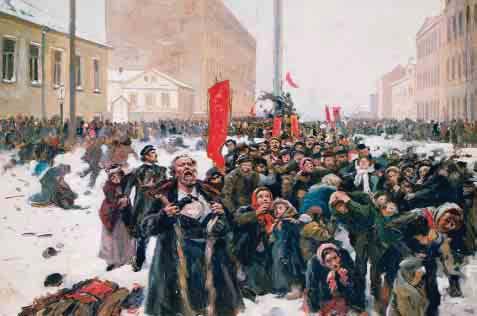 Karl Marx predicted that socialist revolutionaries would clash violently with government forces. This 1905 painting shows the aftermath of one such conflict.