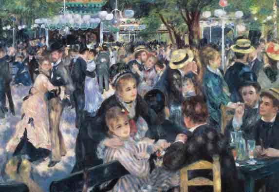 This painting by Pierre-Auguste Renoir, depicting an outdoor café scene in Paris, demonstrates the impressionists attention to light and color.
