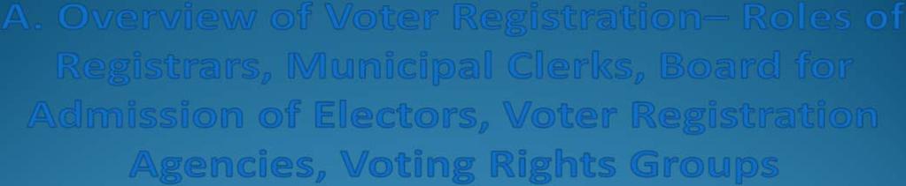 Roles of the Registrars Municipal Clerks Board of Admission of Electors Voter Registration Agencies Voting Rights Groups VOTER REGISTRATION OVERVIEW Voter Registration in Connecticut involves several