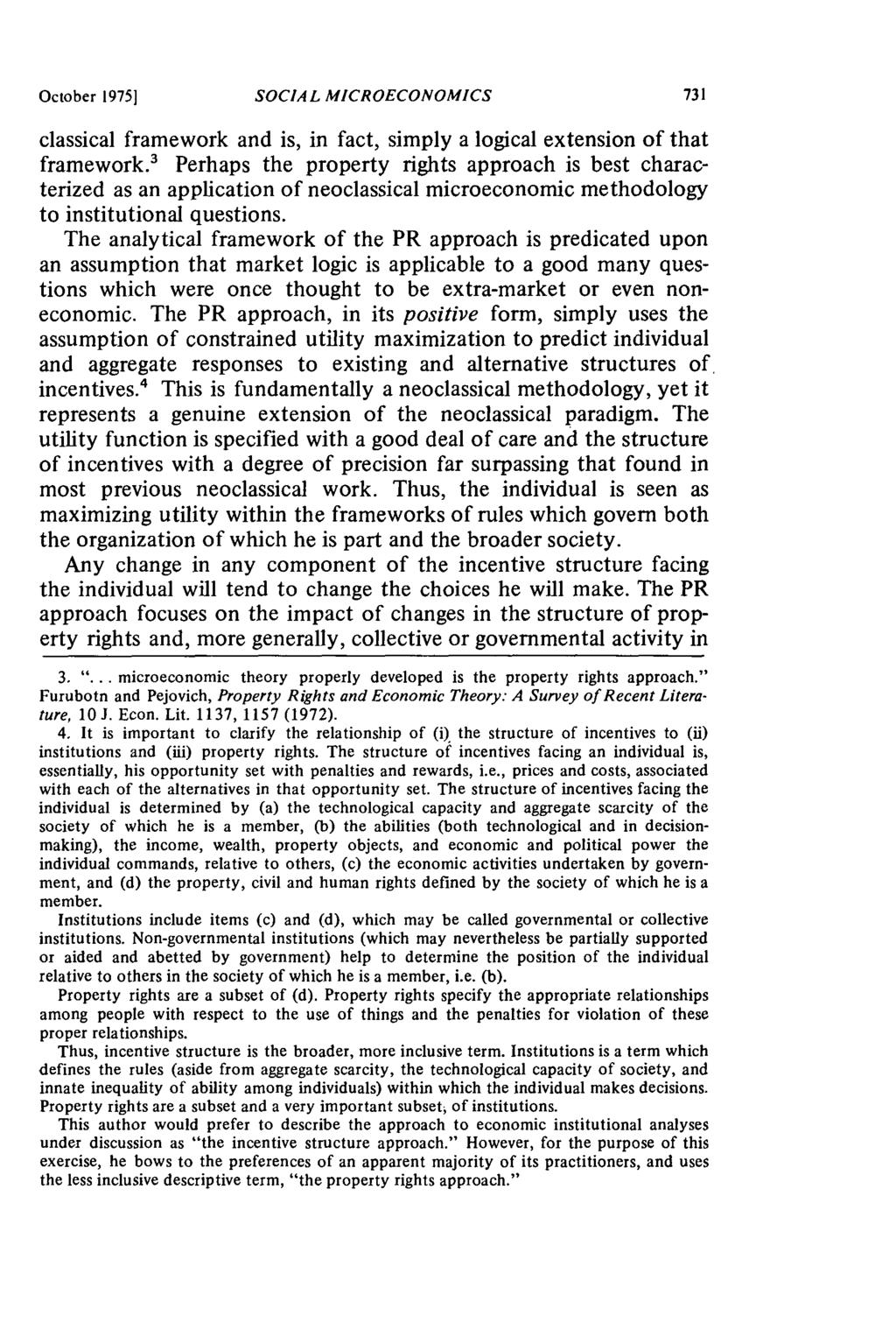 October 1975] SOCIAL MICROECONOMICS classical framework and is, in fact, simply a logical extension of that framework.