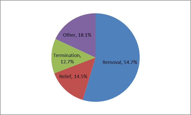 other (mostly administrative) closures. In addition, approximately 13% of the decisions were terminations, and 15% were grants of relief. Figure 6.