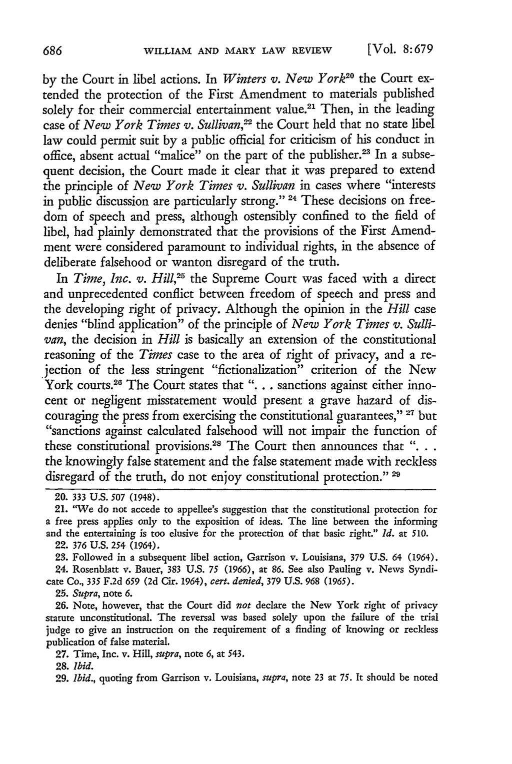 WILLIAM AND MARY LAW REVIEW [Vol. 8:679 by the Court in libel actions. In Winters v.