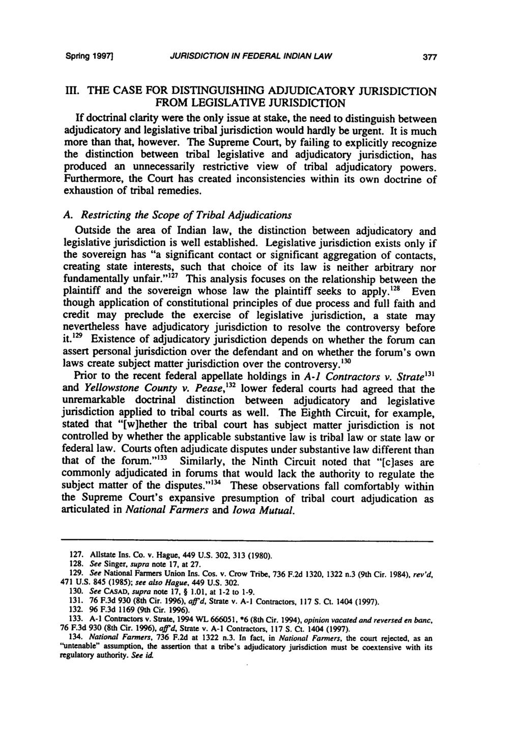 Spring 1997] JURISDICTION IN FEDERAL INDIAN LAW III.
