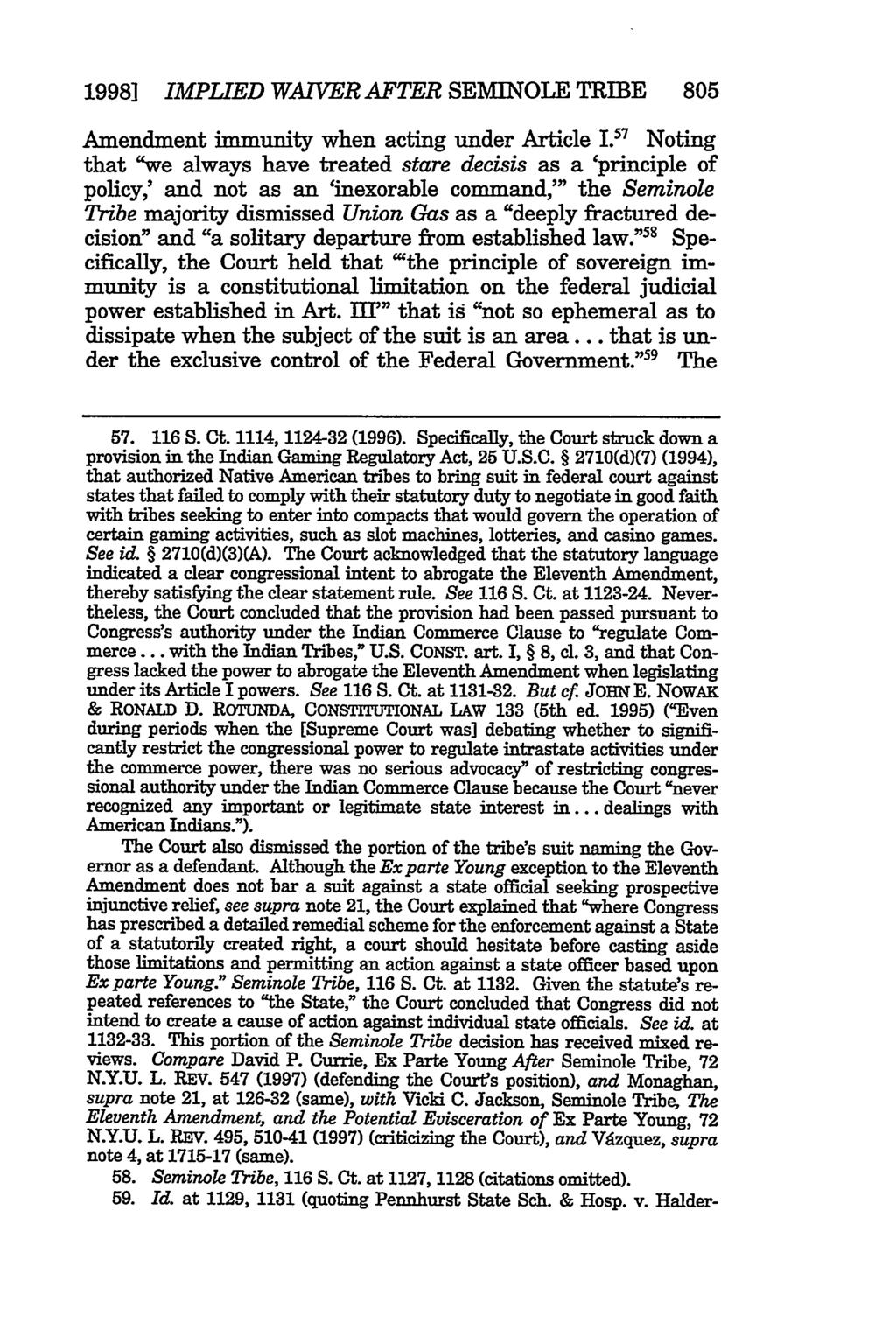 1998] IMPLIED WAIVER AFTER SEMINOLE TRIBE 805 Amendment immunity when acting under Article I.