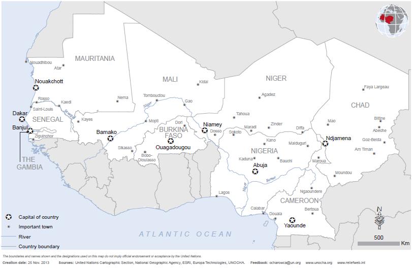 2 SAHEL REGION: REFERENCE MAP Source: UNOCHA The boundaries and names shown and the designations used on this map do not imply