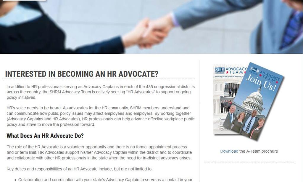 ❶ HR Advocate: Receive key legislative and regulatory updates and calls to action from SHRM Stay up to speed on all the potential issues that could