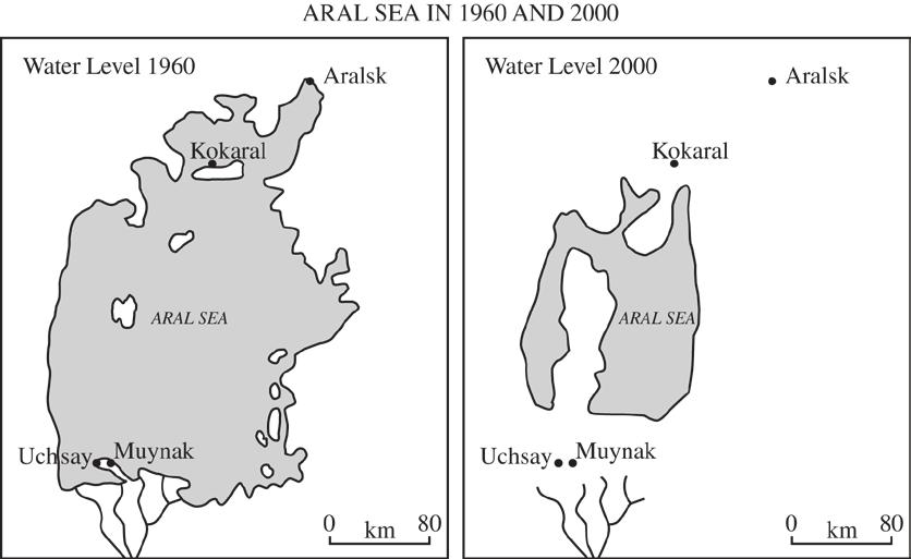 CHAPTER 11 Question 84 is based on the following maps. 84. The massive depletion of the freshwater Aral Sea, which has shrunk from the fourth to the sixth largest lake in the world, is most likely due to which of the following?