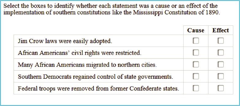 Question 19 22187 Points Possible: 2 Course: American History Content Statement: Historians analyze cause, effect,