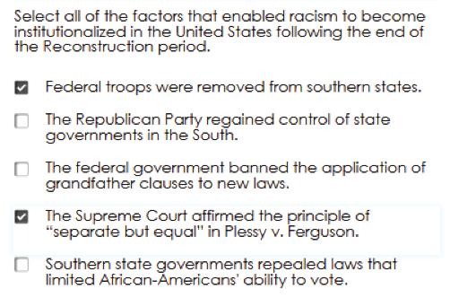 Scoring Guidelines First Rationale: Key The removal of federal troops from southern states at the end of the Reconstruction Era helped to restore the Democratic Party s control of state governments,