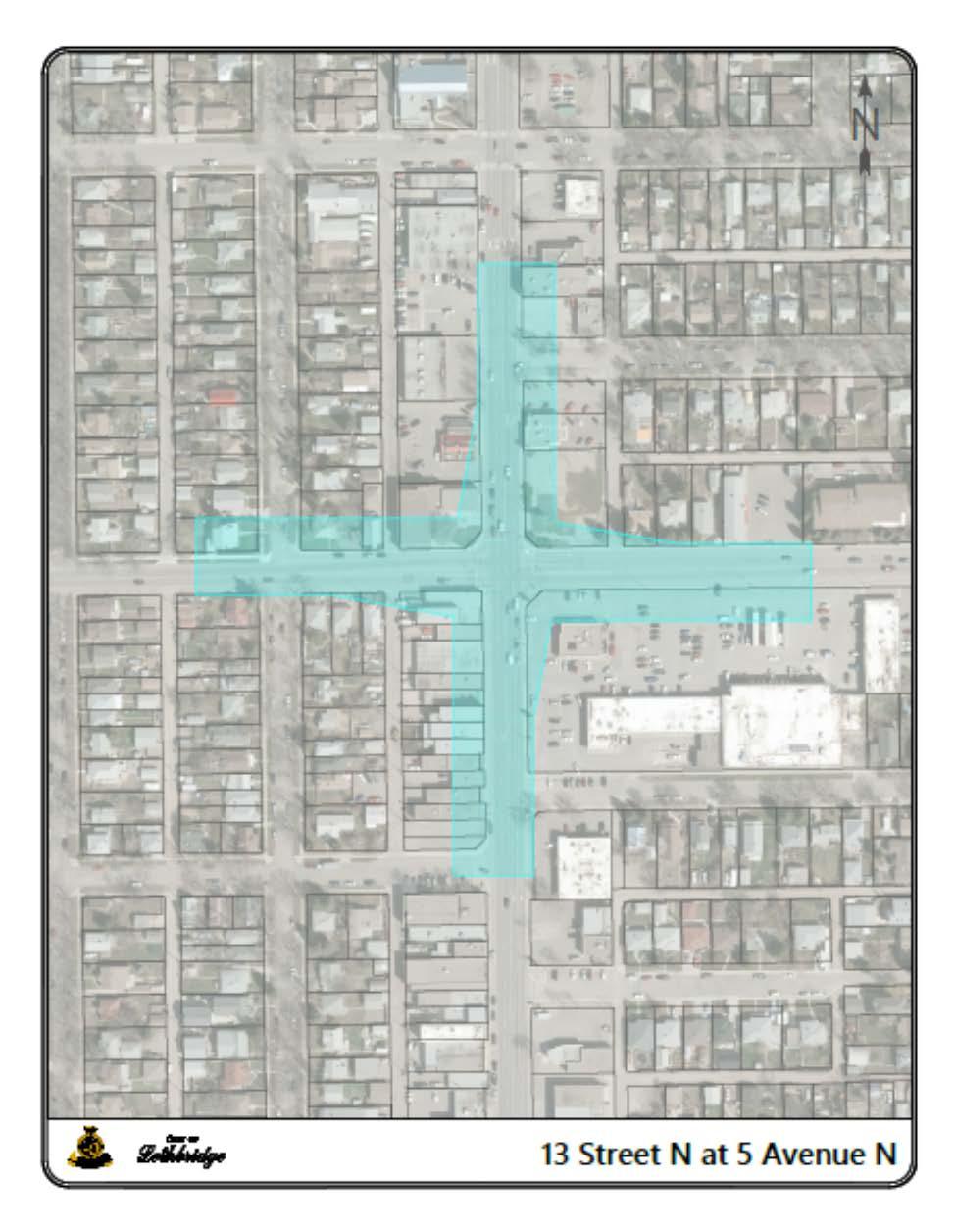 APPENDIX B Prohibited Placements at Specified Intersections 13 Street N / 5 Avenue N Aerial view of intersection with shading on the