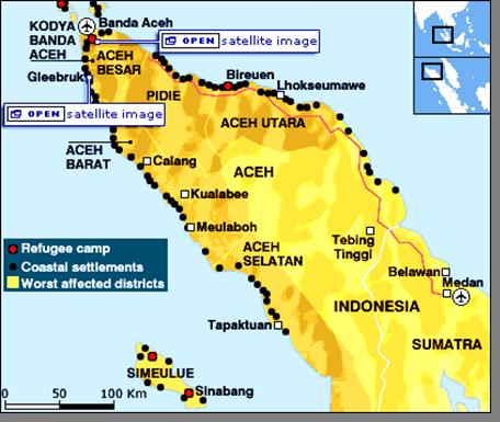 EARTHQUAKE AND TSUNAMI, 2004 * MAP OF INDONESIA Areas of