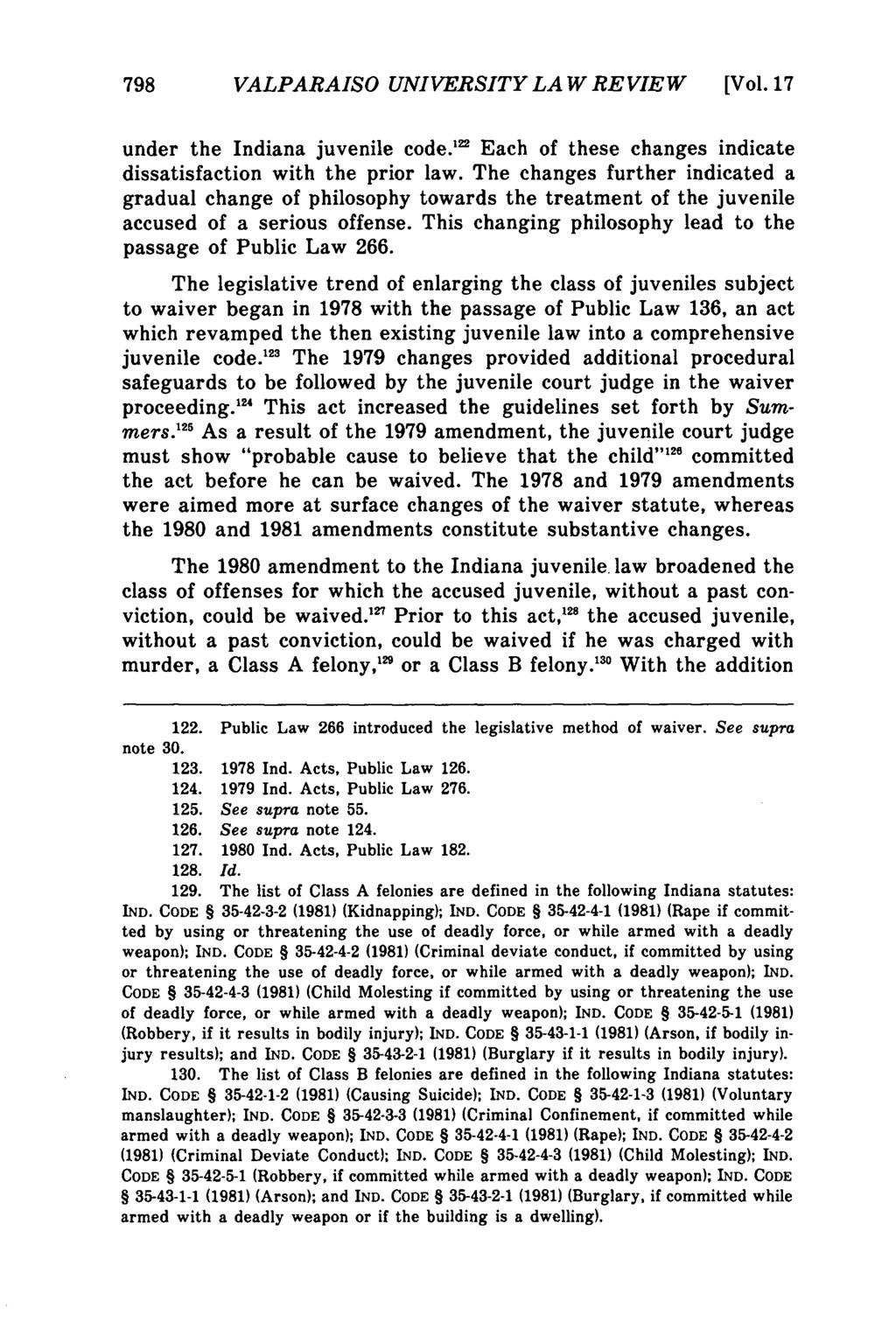 Valparaiso University Law Review, Vol. 17, No. 4 [1983], Art. 9 798 VALPARAISO UNIVERSITY LAW REVIEW [Vol.17 under the Indiana juvenile code.
