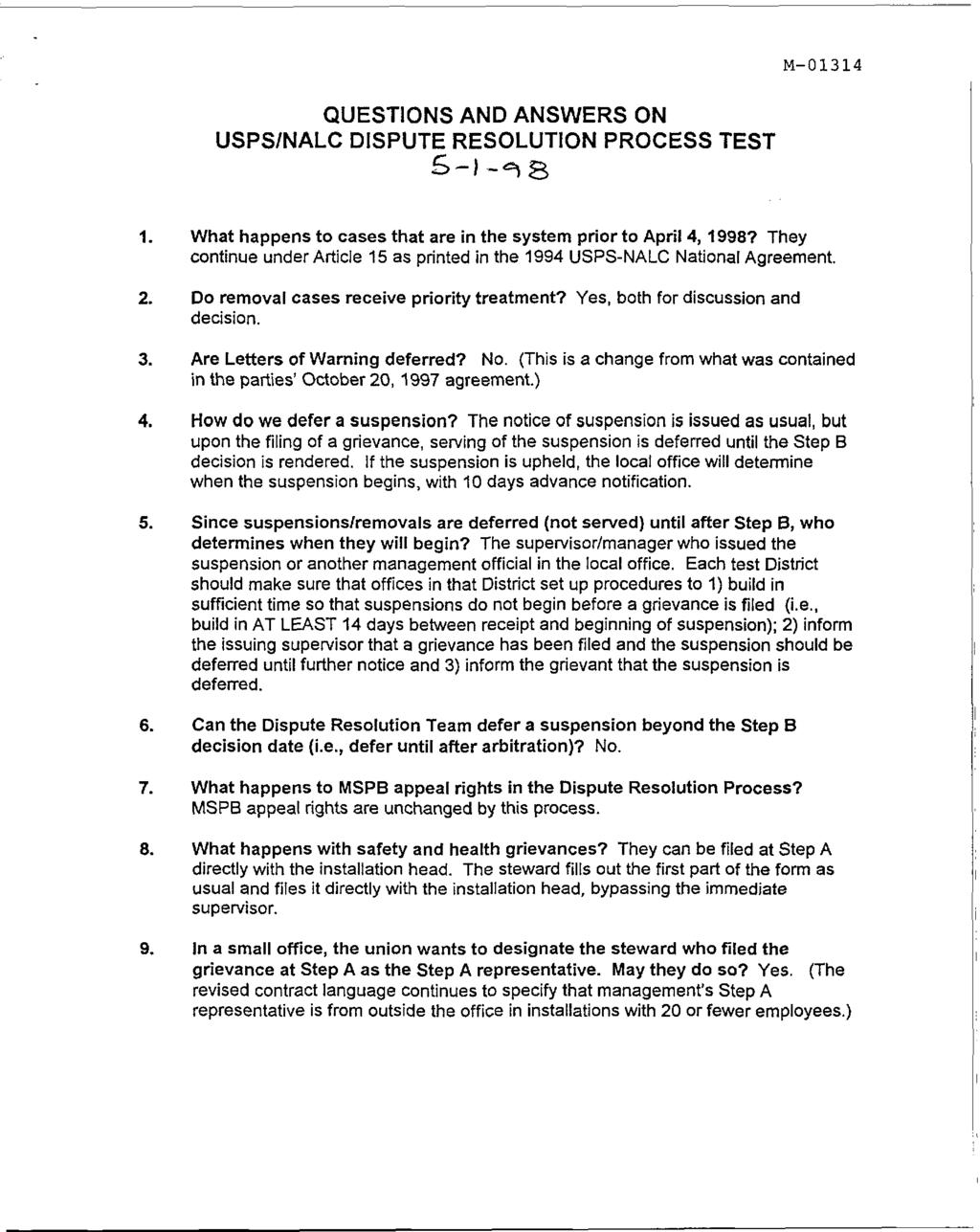 QUESTIONS AND ANSWERS ON USPS/NALC DISPUTE RESOLUTION PROCESS TEST.5-1- "'l 8 1. What happens to cases that are in the system prior to April 4, 1998?