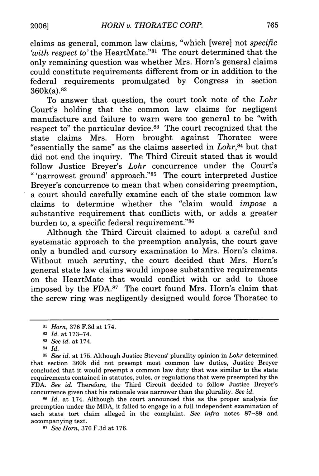 2006] HORN v. THORATEC CORP. claims as general, common law claims, "which [were] not specific 'with respect to' the HeartMate.