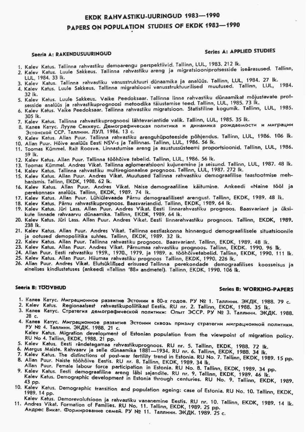EKDK RAHVASTIKU-UURINGUD 1983 1990 PAPERS ON POPULATION STUDIES OF EKDK 1983 1990 Steria A: RAKENDUSUURINGUD Series A: APPLIED STUDIES 1 Kalev Katus. Tallinna rahvastiku demoarengu perspektiivid.