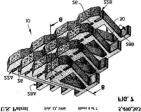 protrusion 26 formed on the top surface of the block, and insets 22A and 22B formed in the side surfaces 14 and 16 of the block. '363 patent, col. 3, ll. 36-38; '183 patent, col. 3, ll. 40-42; '129 patent, col.