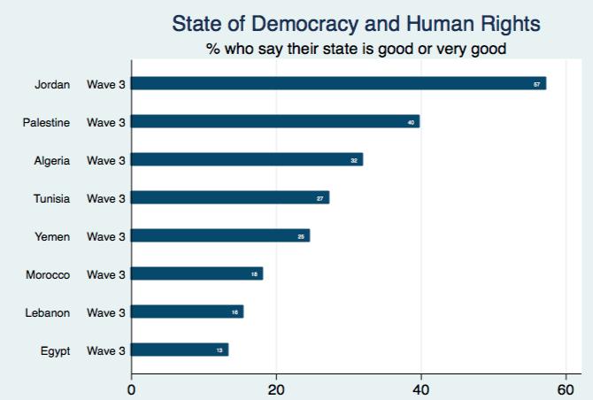 Democracy and Human Rights Most Arab citizens do not rate the state of democracy and human rights in their country as good or very good.