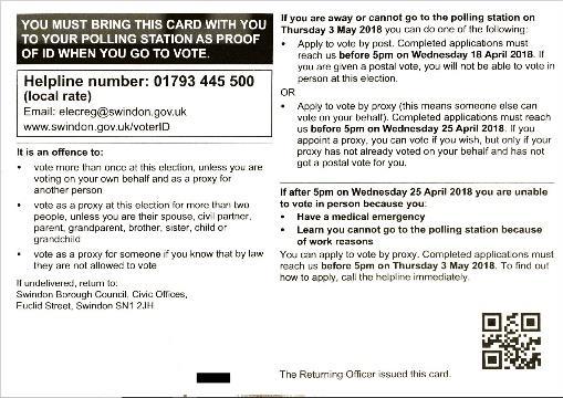 Figure 2 Woking Council Advertising Figure 3 Polling Card Swindon (Front) Figure 4 Polling Card - Swindon (Reverse) Both the Electoral Commission and the Association of Electoral Administrators