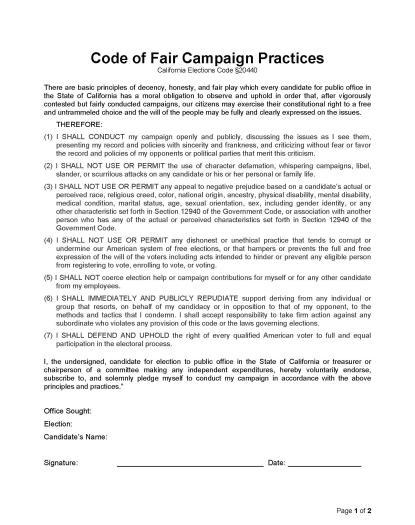 Code of Fair Campaign Practices At the time an individual is issued any paper evidencing an intention to be a candidate for public office, the elections official shall give the individual a form and