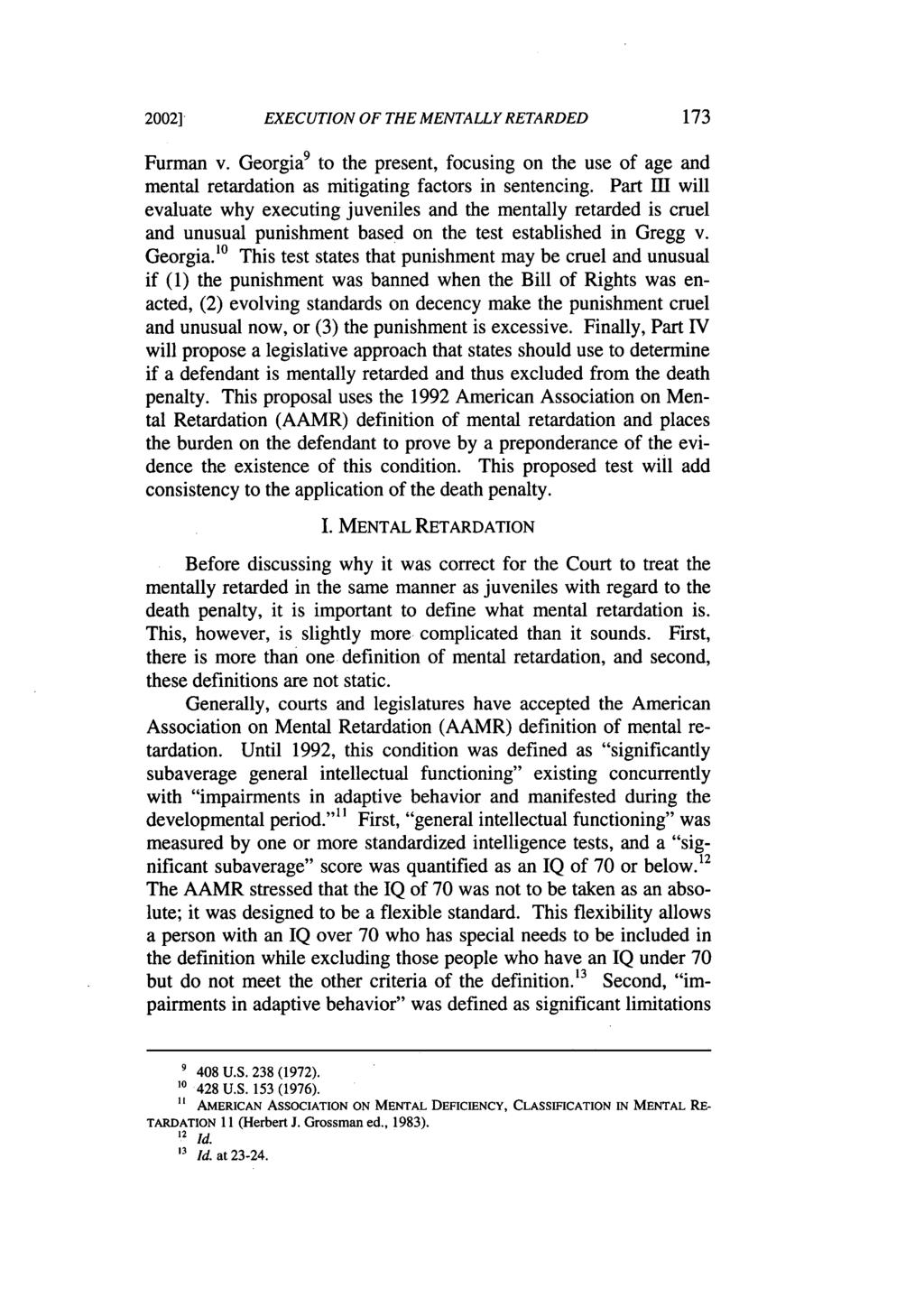 2002] EXECUTION OF THE MENTALLY RETARDED Furman v. Georgia to the present, focusing on the use of age and mental retardation as mitigating factors in sentencing.
