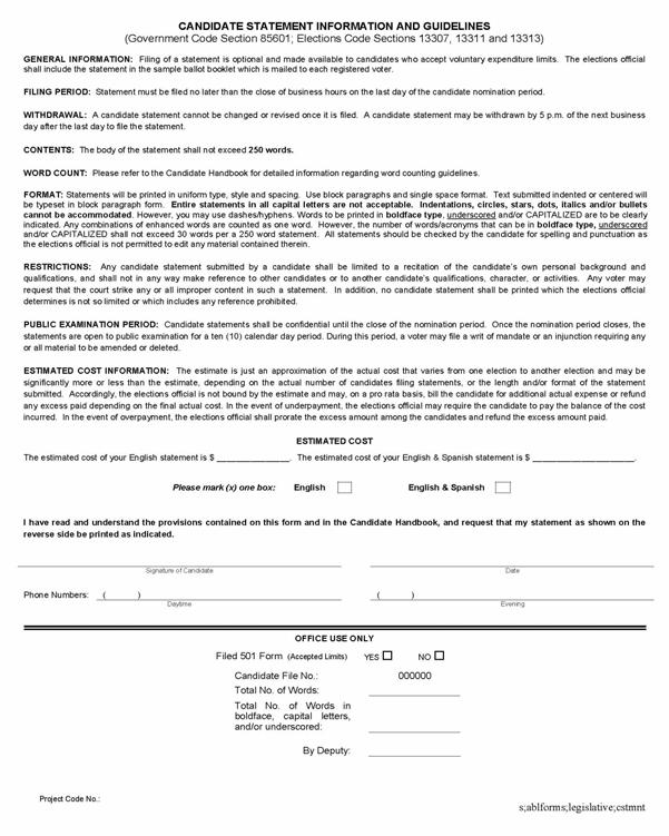 CANDIDATE STATEMENT FORM (continued) This is an example of the Candidate Statement Form which is used by the candidate in submitting their statement to be printed in the