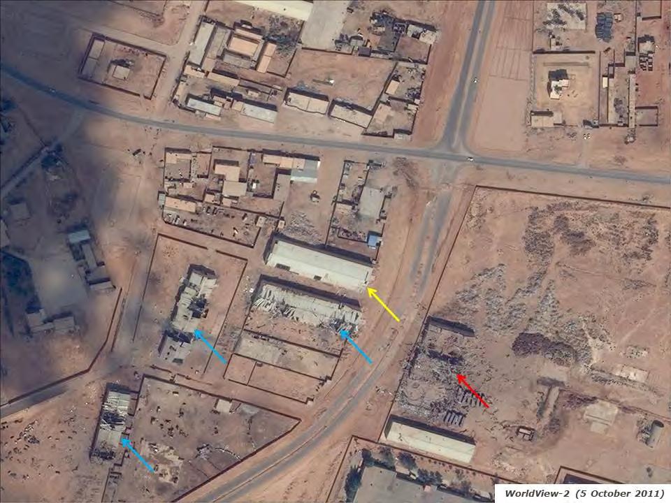 Figure 4. The Three Factories on 5 October 2011 The Three Factories area on 5 October 2011. One building (red arrow) was destroyed between 5 and 13 September.