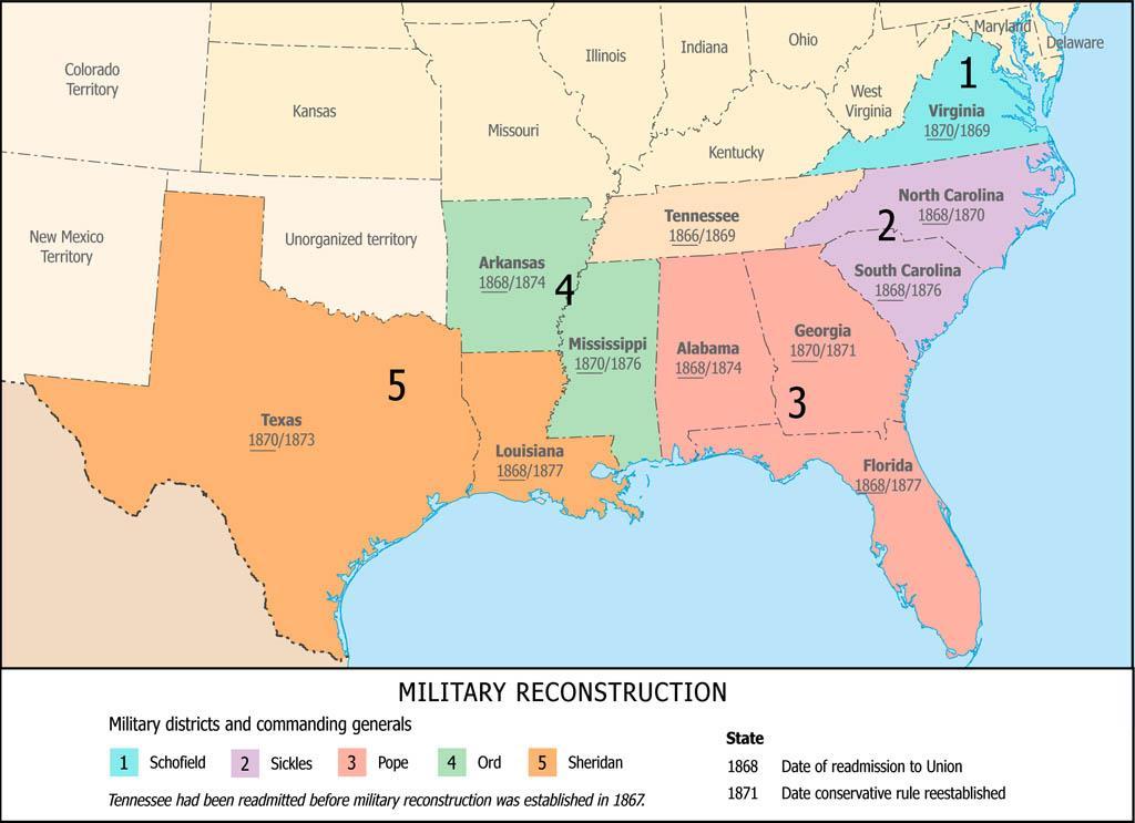 March 1867 South divided into 5 military districts Army was to maintain peace and protect the