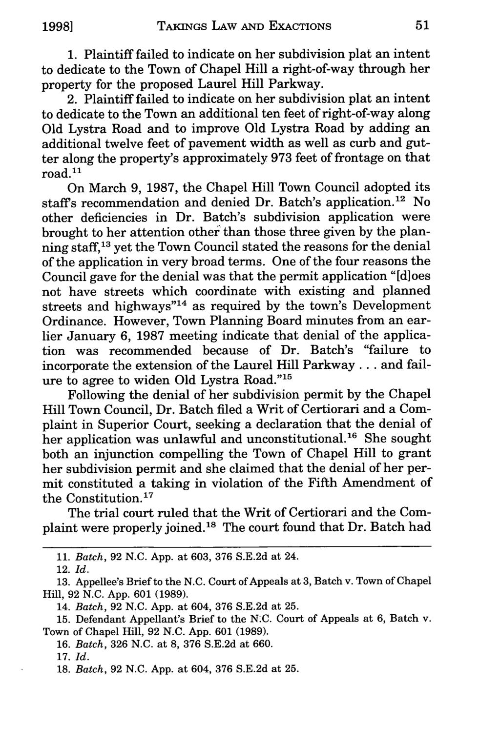 1998] Arias: Batch v. TAKINGS Town of Chapel LAW Hill AND - Takings EXACTIONS Law and Exactions: Where S 1.