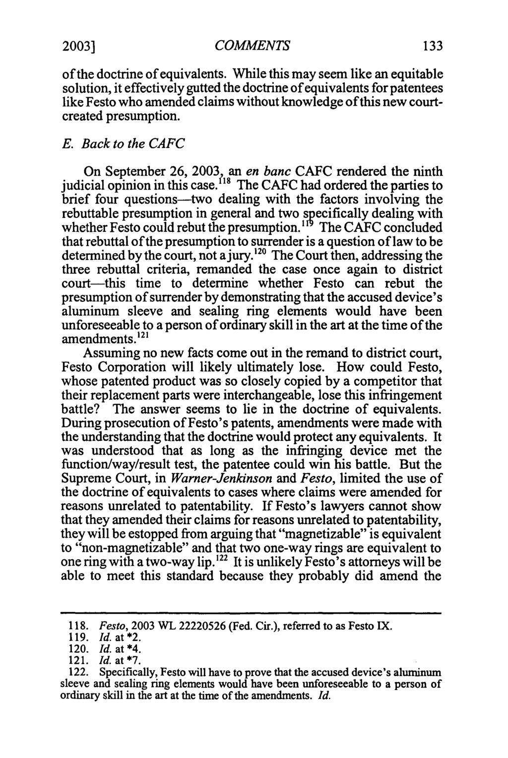 2003] COMMENTS of the doctrine of equivalents.