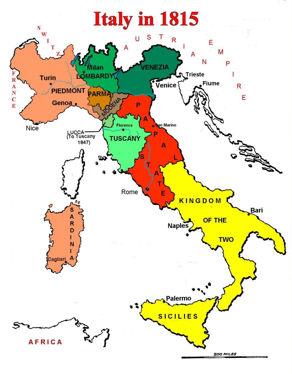 ITALY After the Congress of Vienna (1815), the land of Italy was still divided: - Austria ruled the Italian provinces of Venetia and