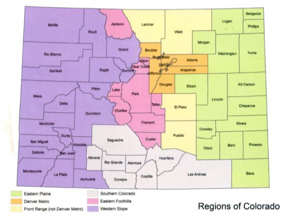 THE SIX GEOGRAPHICAL REGIONS OF COLORADO The Front Range is the highly-populated strip at the