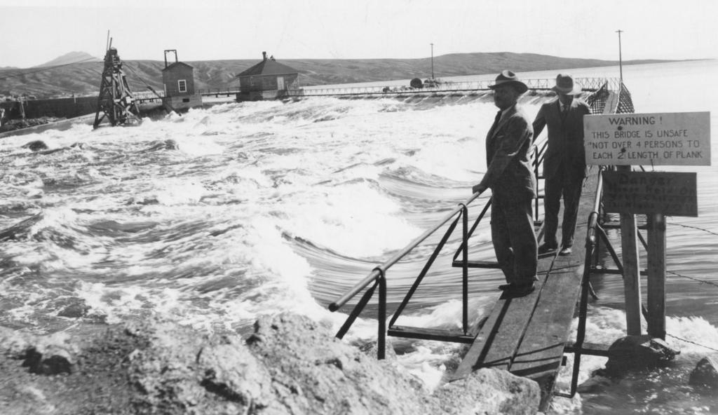 Pathfinder Dam Spilling. Photograph taken in 1928.
