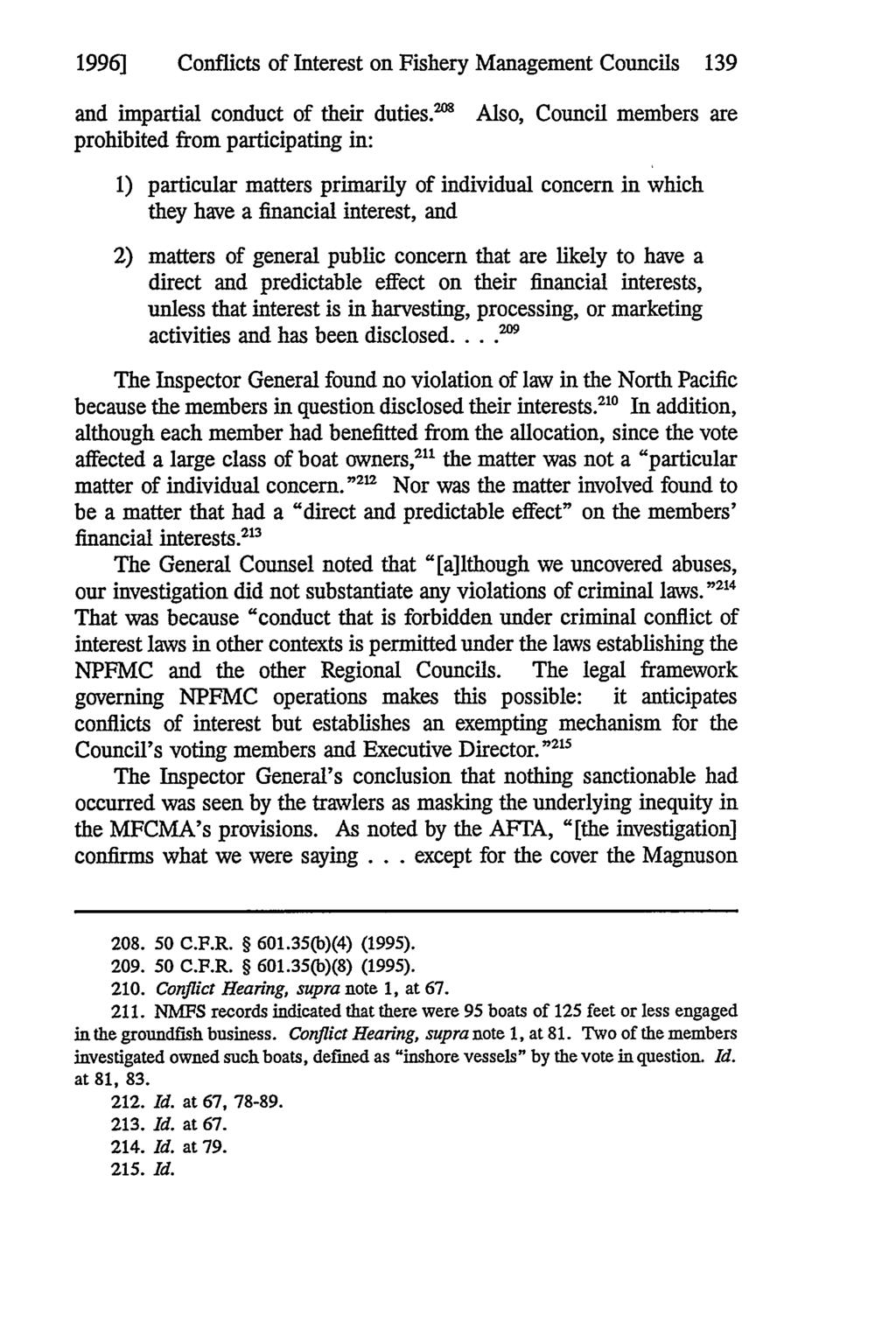 1996] Conflicts of Interest on Fishery Management Councils 139 and impartial conduct of their duties.
