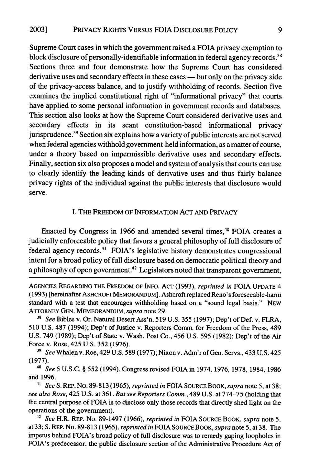 2003] PRIVACY RIGHTS VERSUS FOIA DISCLOSURE POLICY Supreme Court cases in which the government raised a FOTA privacy exemption to block disclosure of personally-identifiable information in federal