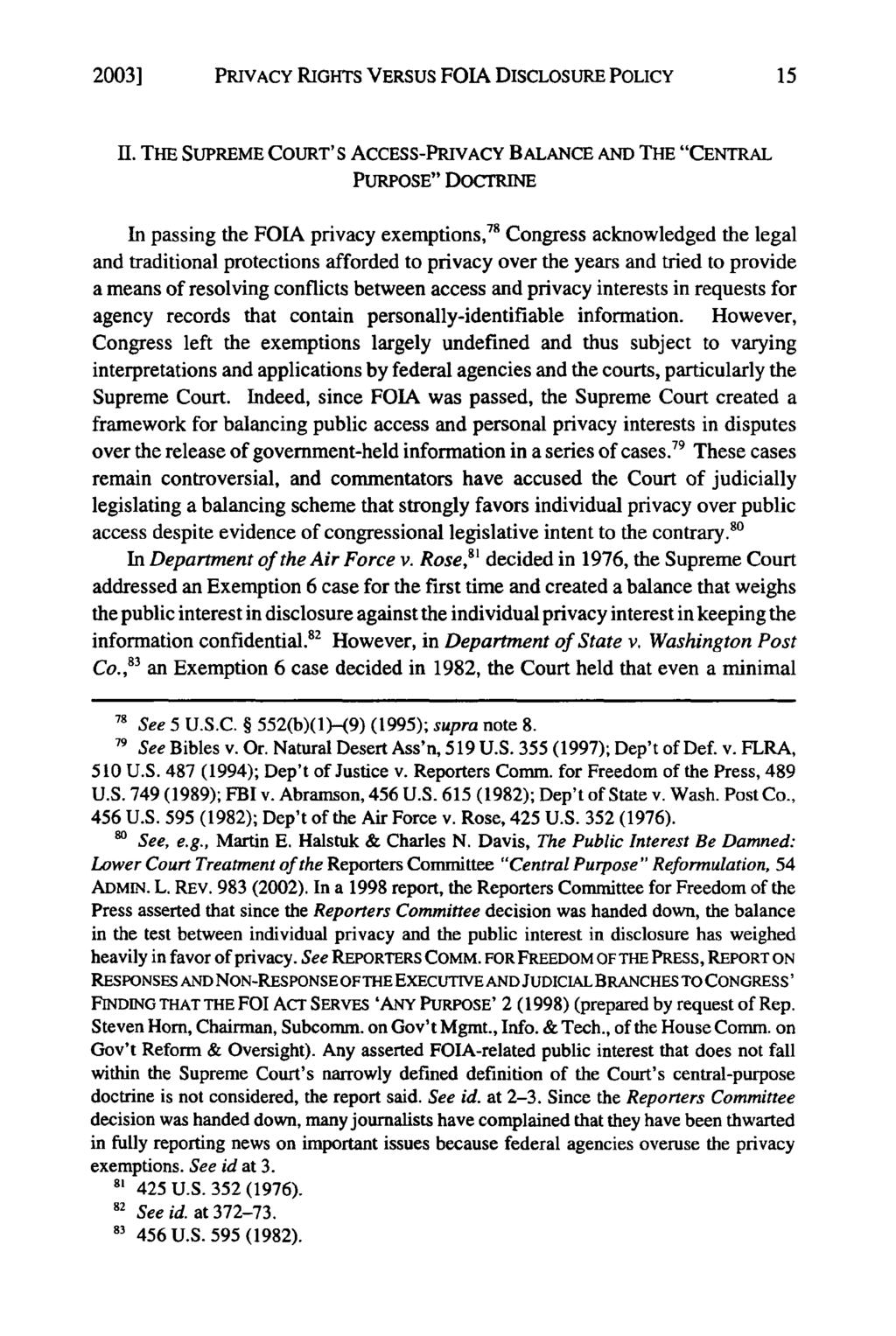 2003] PRIVACY RIGHTS VERSUS FOIA DISCLOSURE POLICY II.