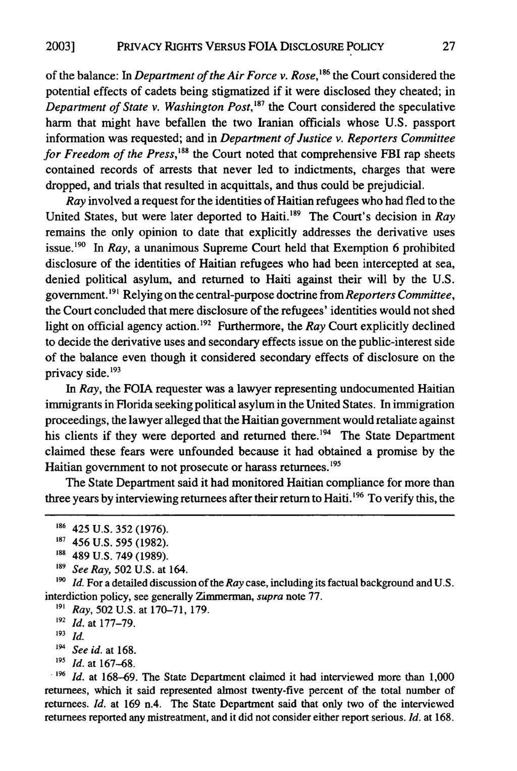2003] PRIVACY RIGHTS VERSUS FOIA DISCLOSURE POLICY of the balance: In Department of the Air Force v.