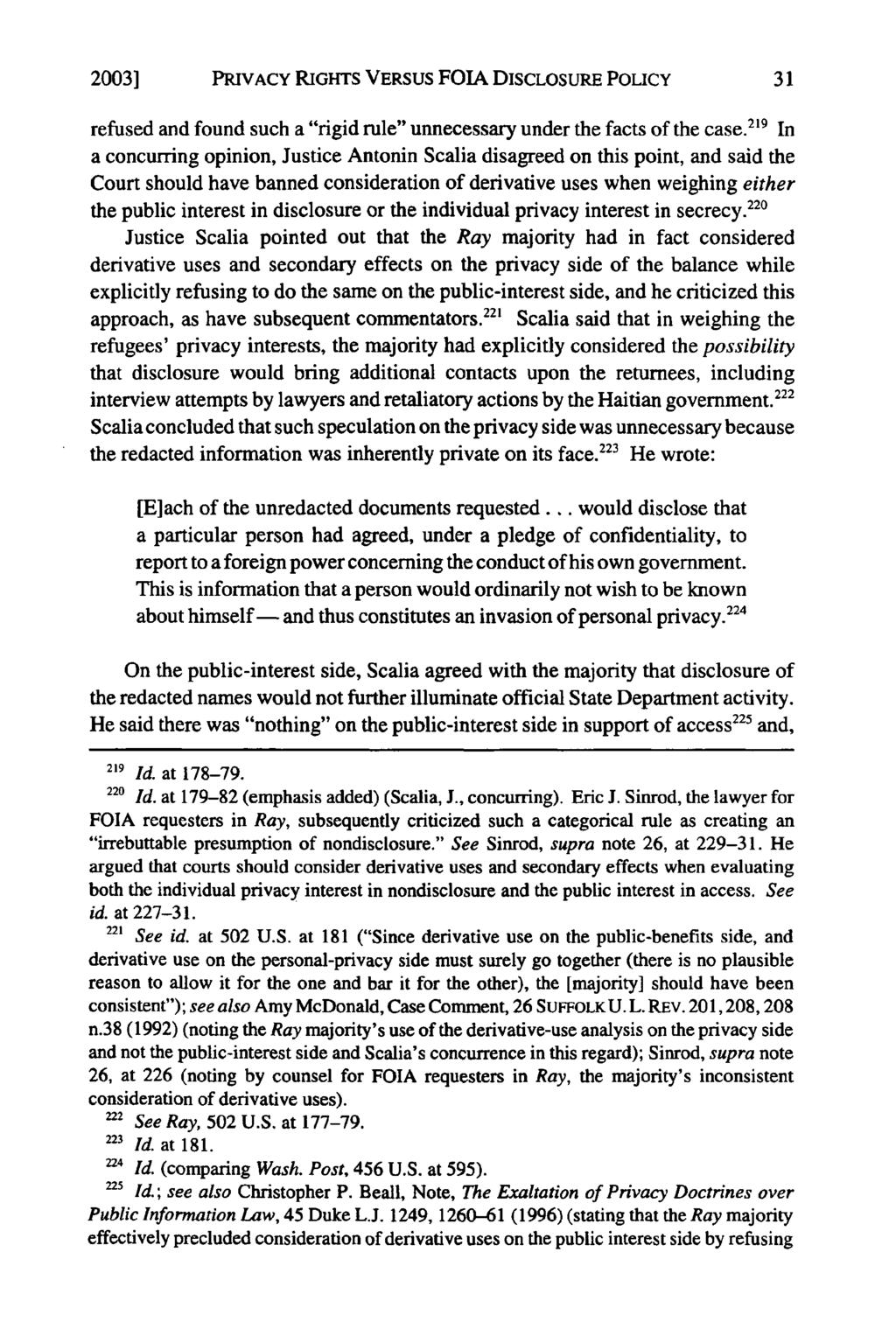 2003] PRIVACY RIGHTS VERSUS FOIA DISCLOSURE POLICY refused and found such a "rigid rule" unnecessary under the facts of the case.