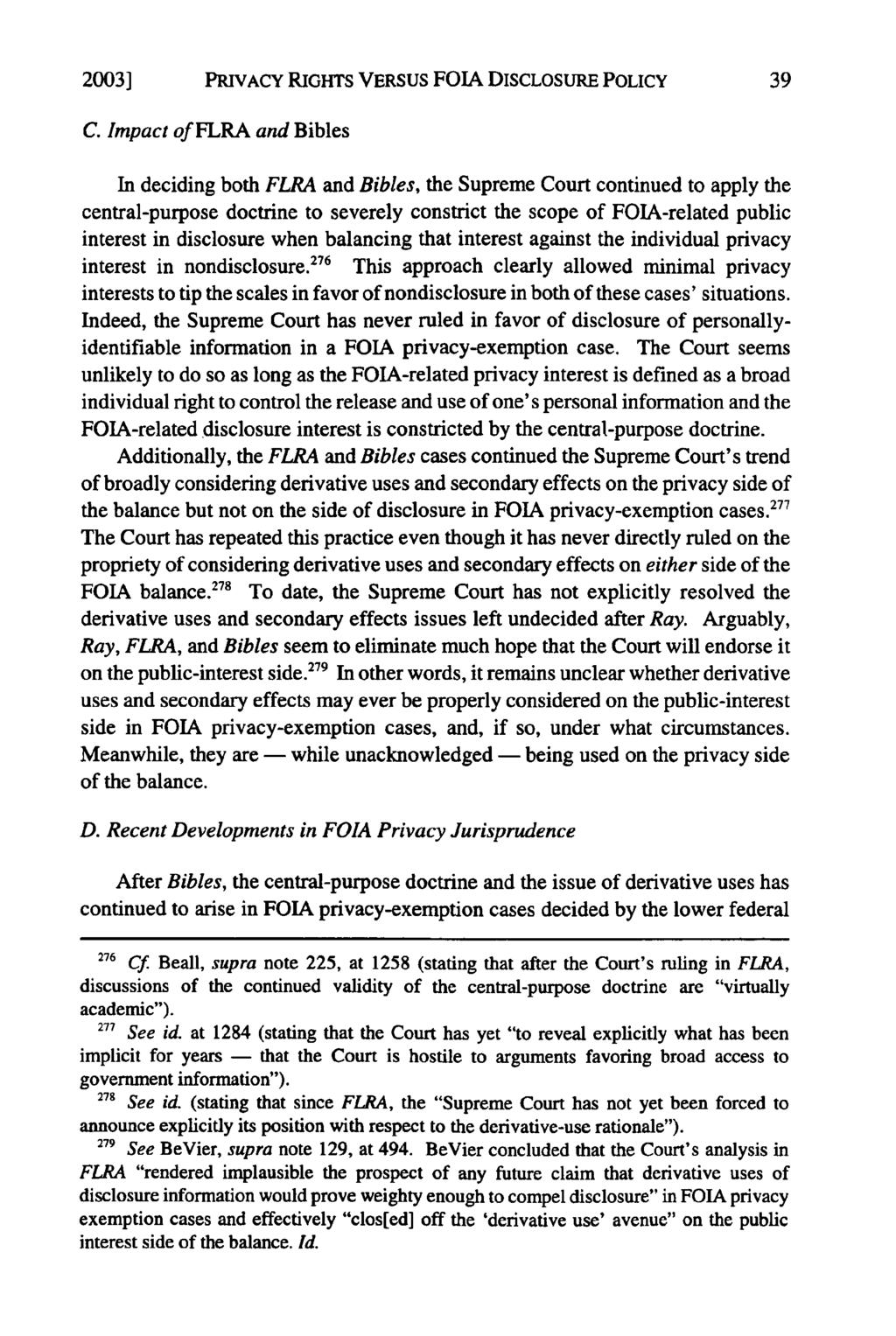 20031 PRIVACY RIGHTS VERSUS FOIA DISCLOSURE POLICY C.