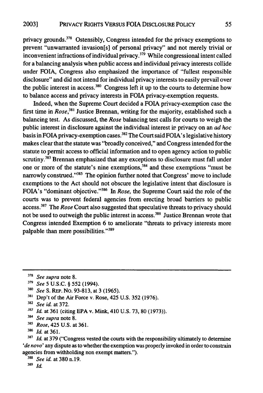 2003] PRIVACY RIGHTS VERSUS FOIA DIscLosuRE POLICY privacy grounds.