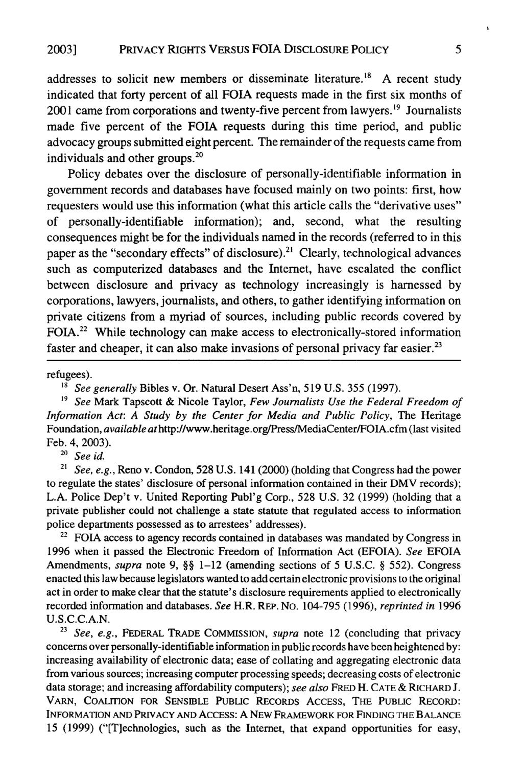 2003] PRIVACY RIGHTS VERsus FOIA DISCLOSURE POLICY addresses to solicit new members or disseminate literature.