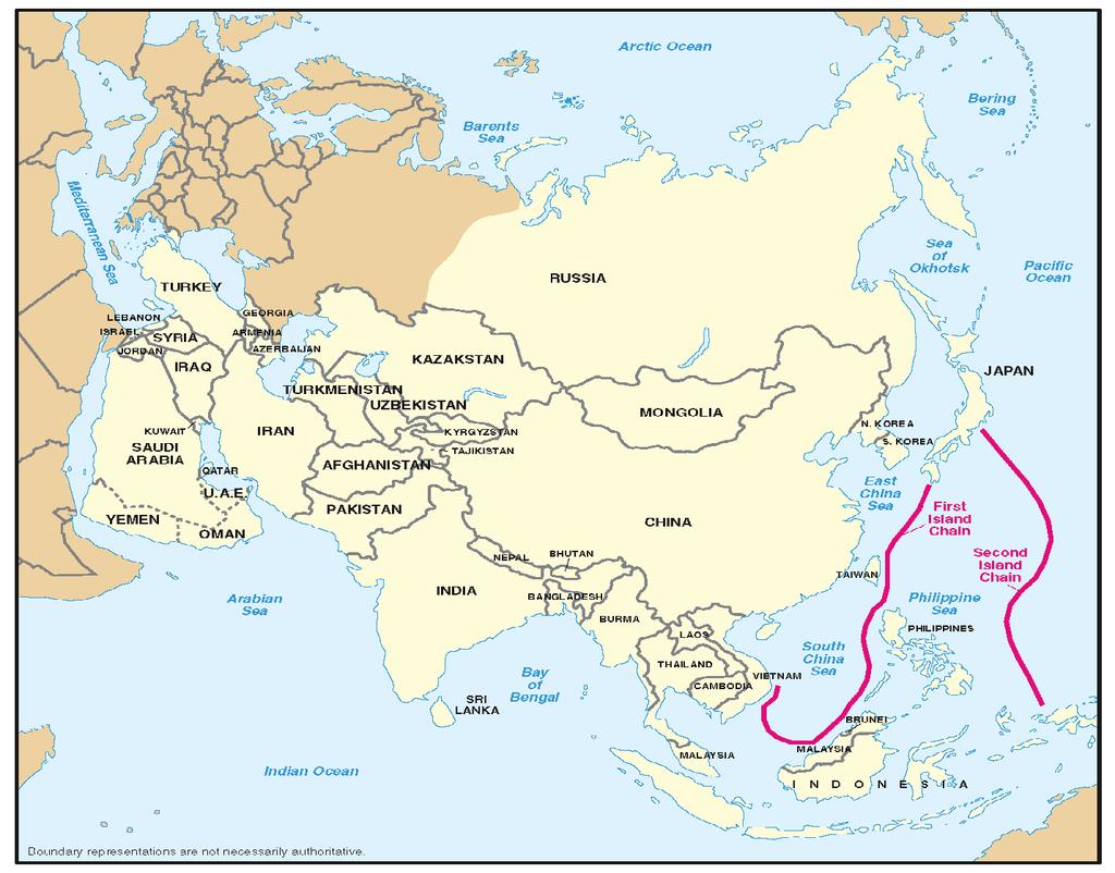 Figure 10 First and Second Island Chain (US Department of Defense, 2006) Due to the US and its allies military existence in the First Island Chain, China does not have enough strategic depth2 in
