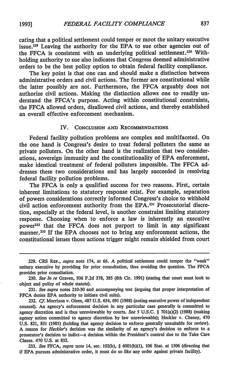 1993] FEDERAL FACILITY COMPLIANCE cating that a political settlement could temper or moot the unitary executive issue.