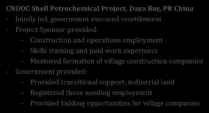 ) CNOOC Shell Petrochemical Project, Daya Bay, PR China - Jointly led, government executed resettlement - Project Sponsor provided: - Construction and operations employment