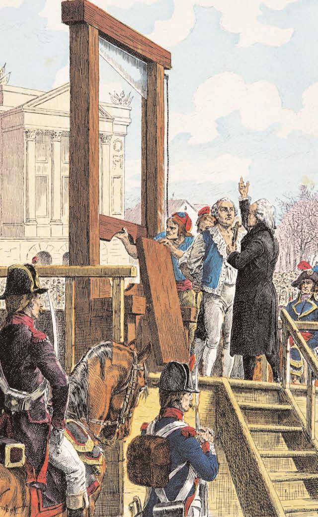 King Louis XVI about to be executed on the guillotine in front of a cheering crowd.