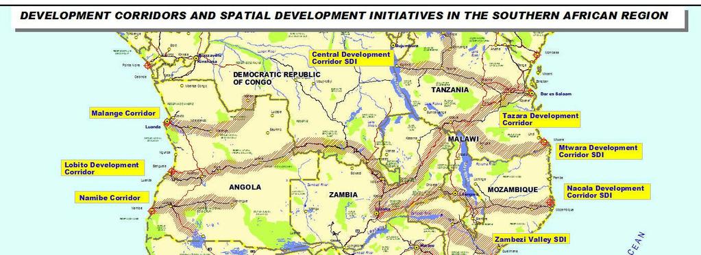 REVIEW OF THE STATE OF INFRASTRUCTURE DEVELOPMENT IN THE REGION Transport Sector (7) SADC CORRIDORS MAP The map illustrates the pattern of