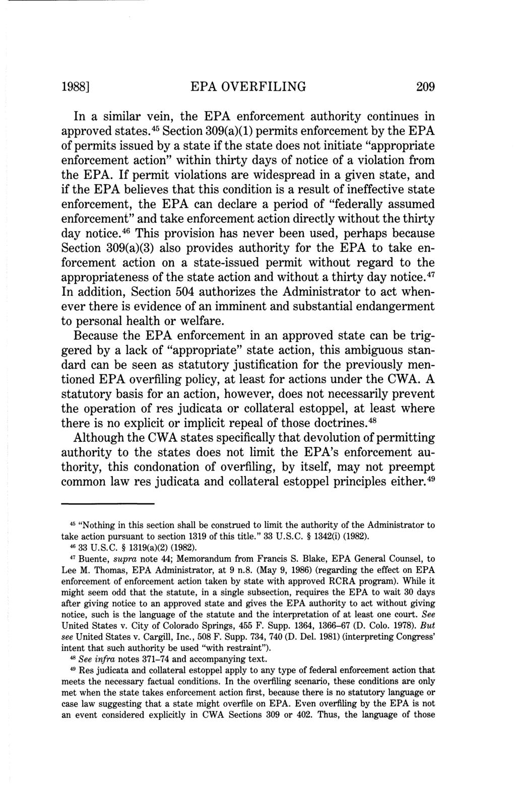 1988] EPA OVERFILING 209 In a similar vein, the EPA enforcement authority continues in approved states.